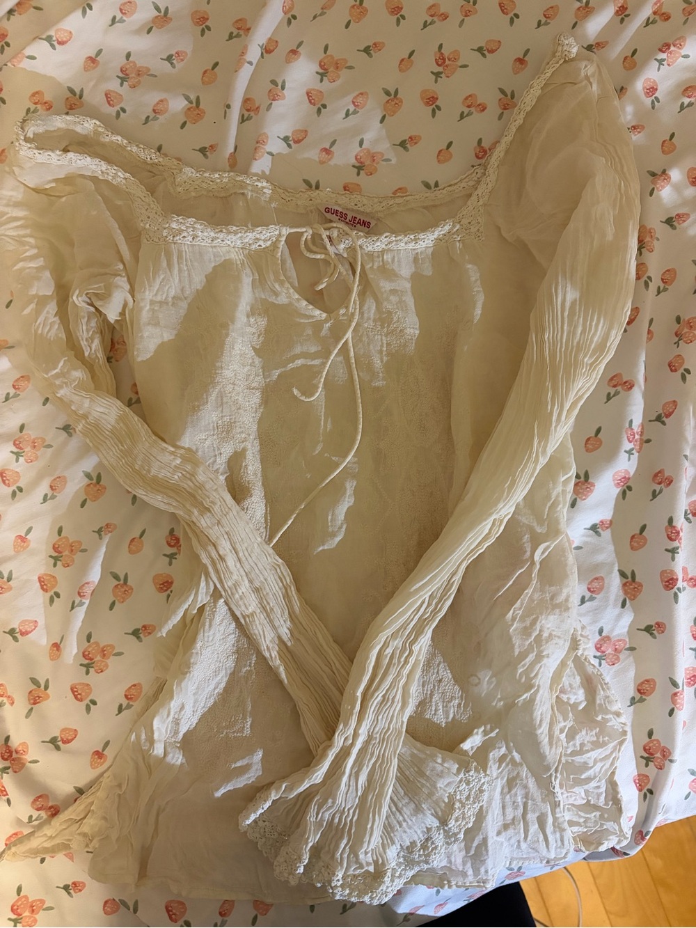 Guess Cream Lace-Trim Peasant Blouse